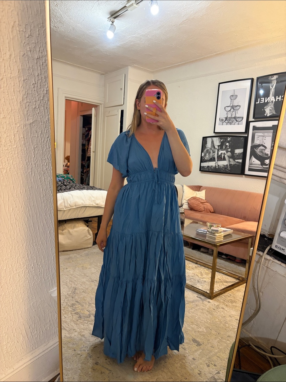 Blue Tiered V-Neck Maxi Dress